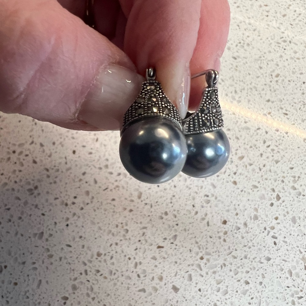 Sterling Silver Marcasite Faux Gray Pearl Post Earrings - Picture 4 of 4